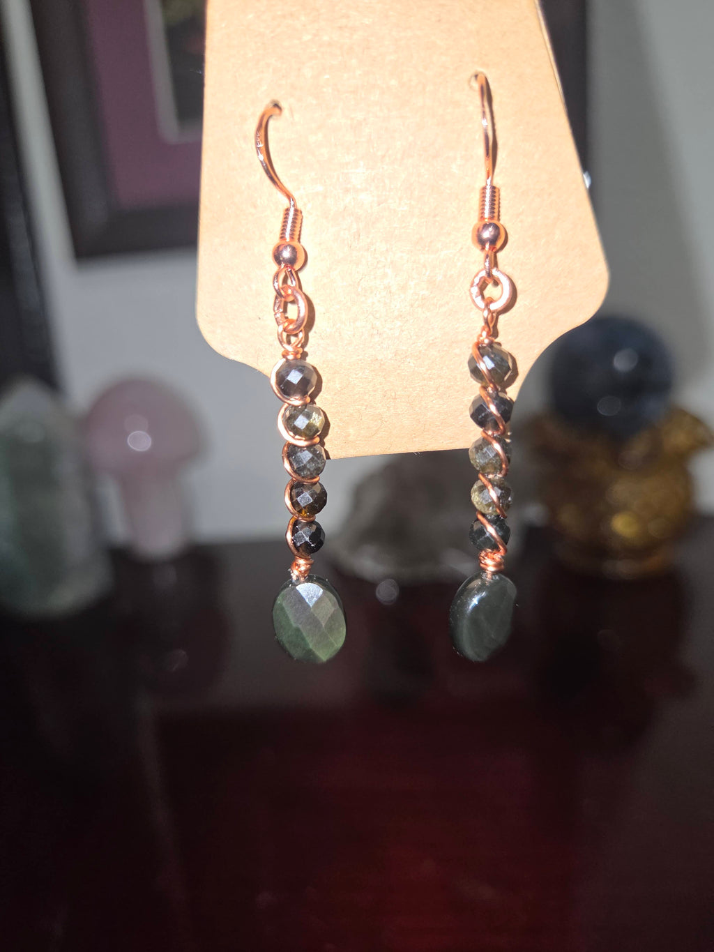 Copper Wire Stacked Obsidian Linear Earrings