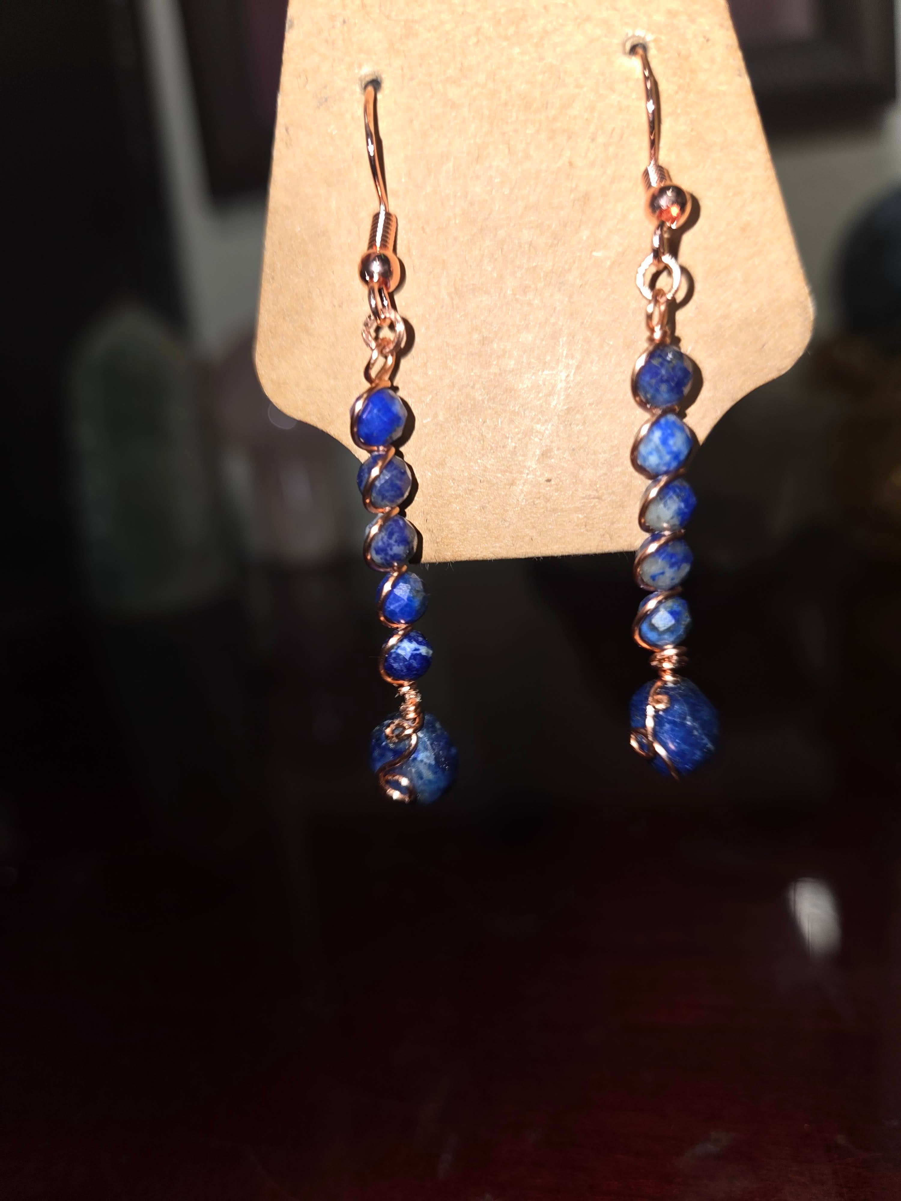Copper Wire Stacked Lapis Lazuli Linear Earrings