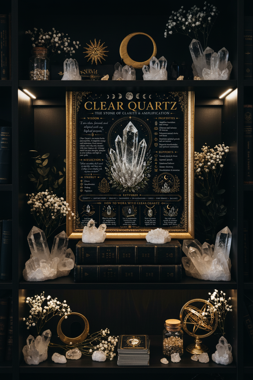 Clear Quartz Dark Print on Bookshelf