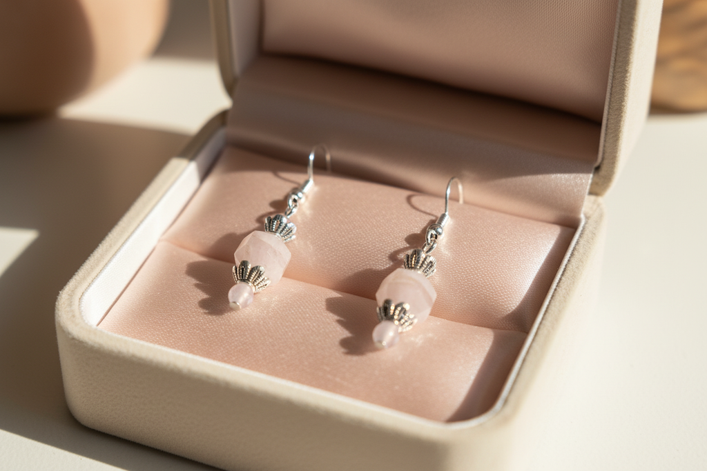 Madagascar Rose Quartz sterling silver earrings in cream velvet jewelry box