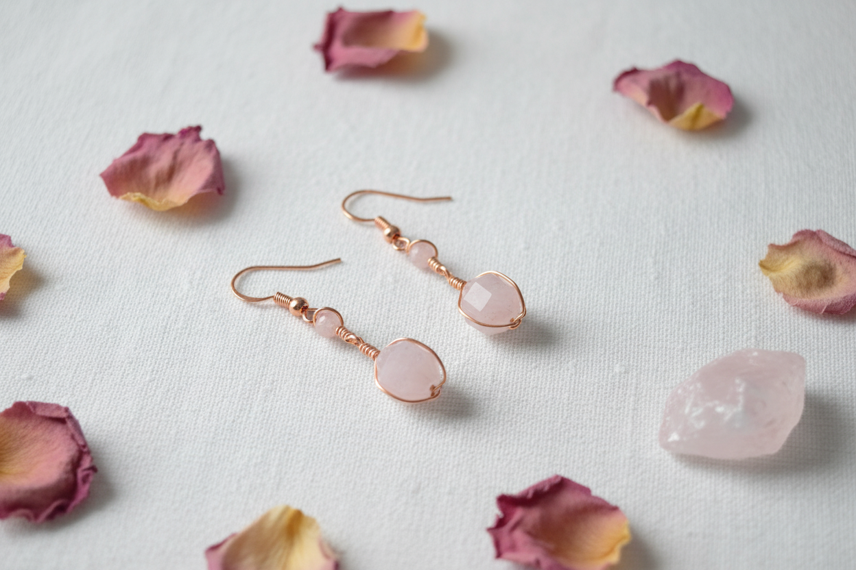 Flat lay of Madagascar Rose Quartz copper wire earrings on white linen with dried rose petals