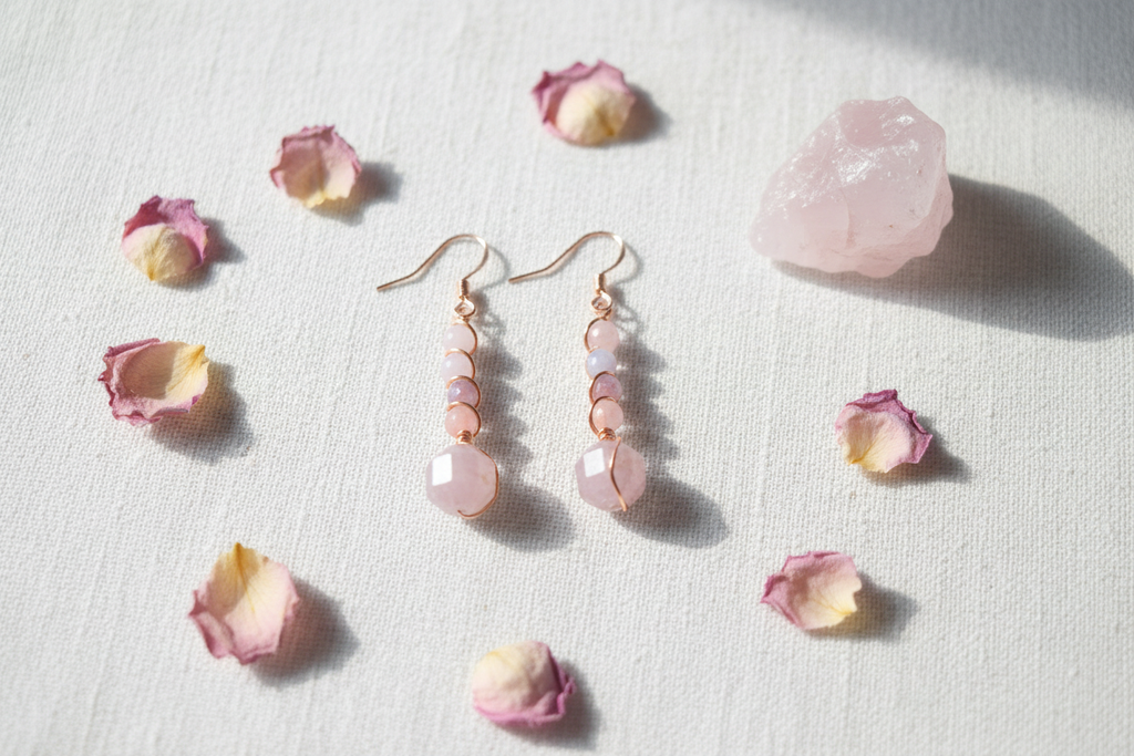 Flat lay of Madagascar Rose Quartz four bead stack copper wire earrings on white linen