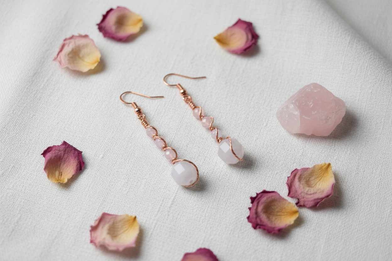 Flat lay of Madagascar Rose Quartz stacked copper wire earrings on white linen with dried rose petals