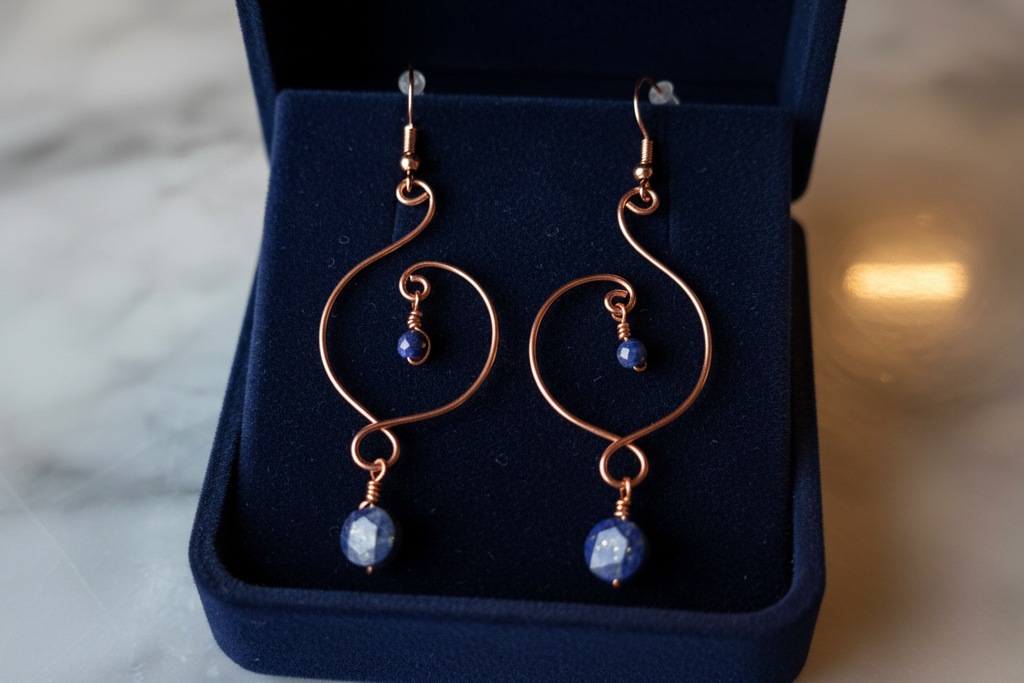 Lapis Lazuli copper spiral wire earrings in navy velvet jewelry box