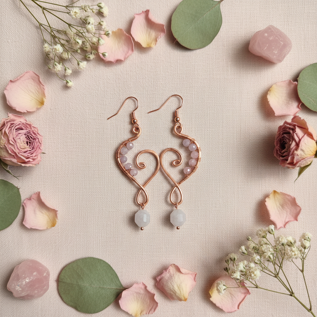 Copper heart rose quartz earrings blush marble flat lay