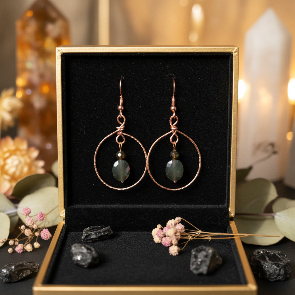 Copper hoop obsidian earrings in charcoal velvet jewelry box