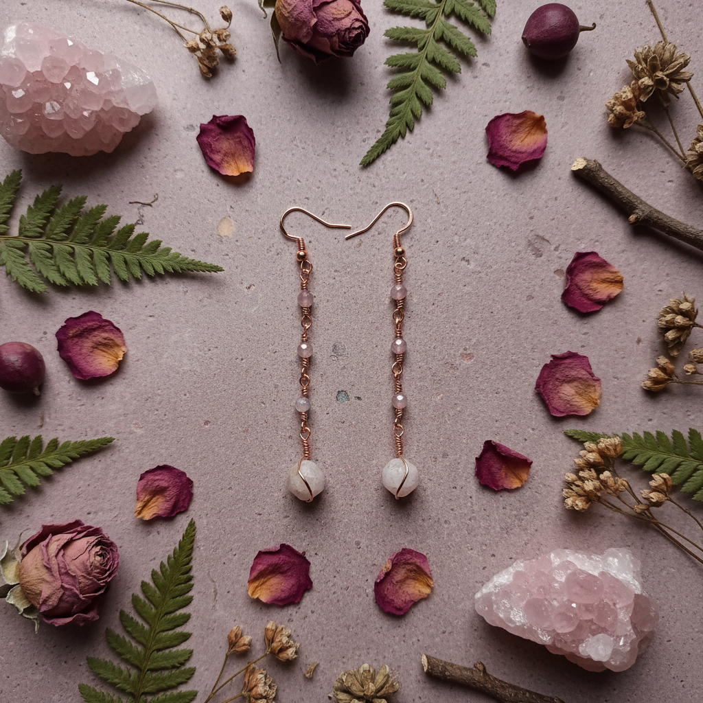 Copper linear chain rose quartz earrings moody romantic altar