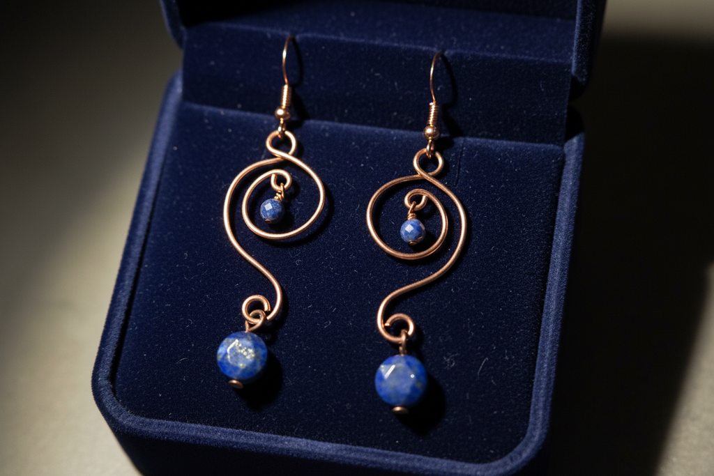 Lapis Lazuli copper S-curve wave earrings in navy velvet jewelry box