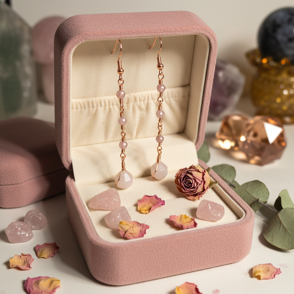 Copper linear chain rose quartz earrings in blush velvet jewelry box