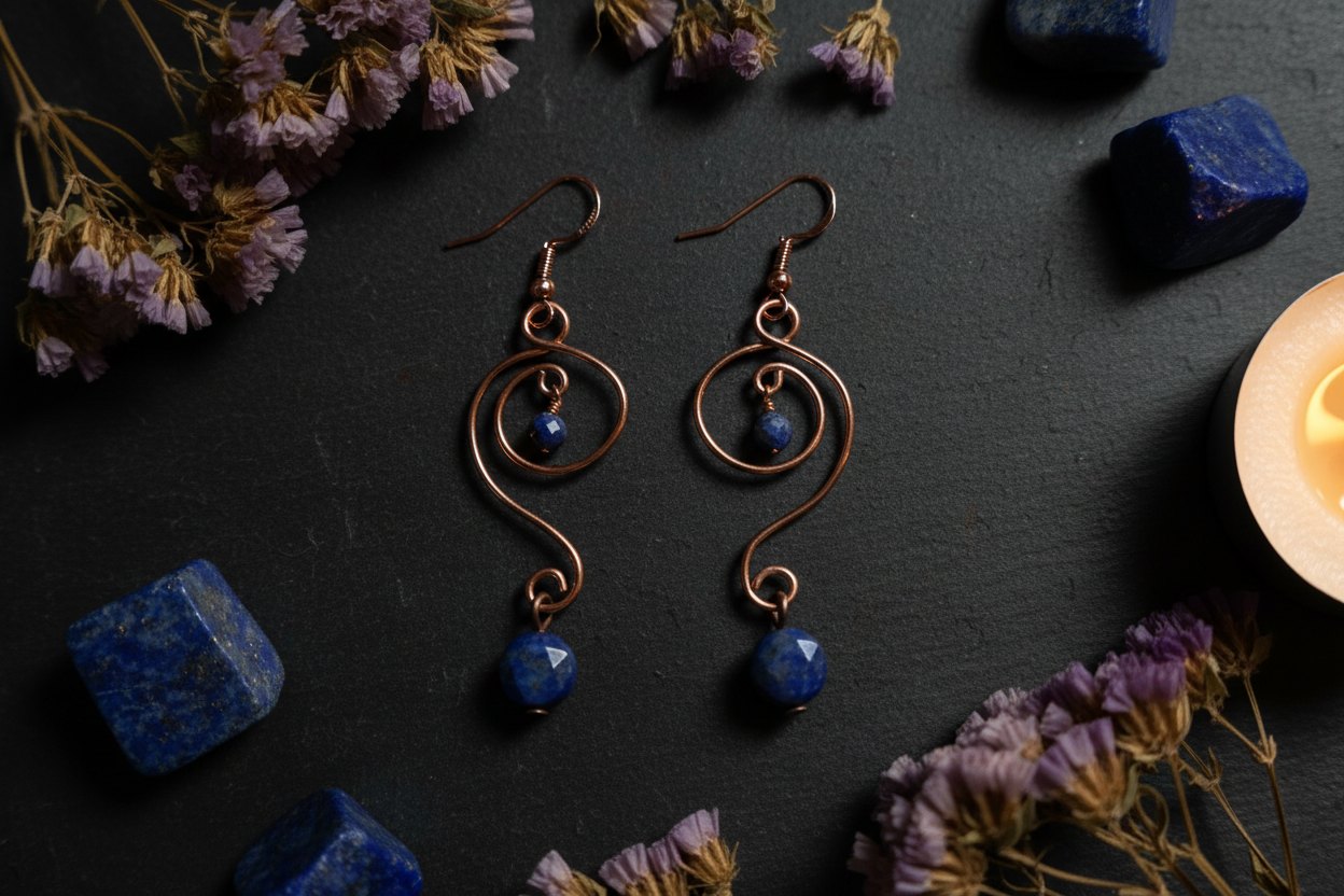 Moody altar vertical flat lay of Lapis Lazuli copper S-curve wave earrings