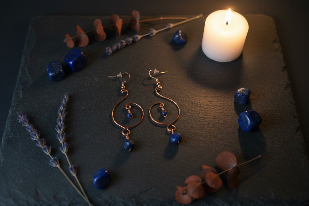 Moody altar flat lay of Lapis Lazuli copper spiral wire earrings
