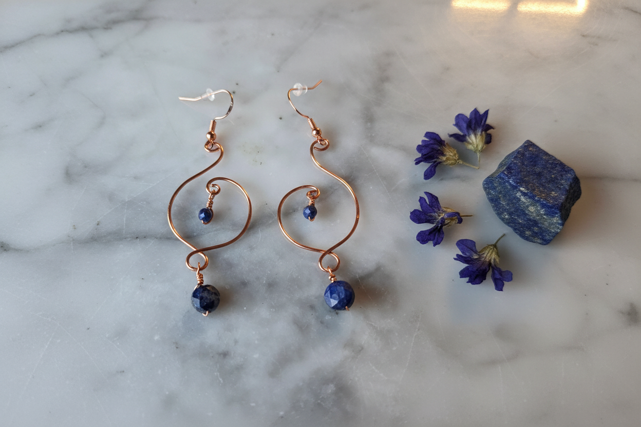 Flat lay of Lapis Lazuli copper spiral wire earrings on white marble