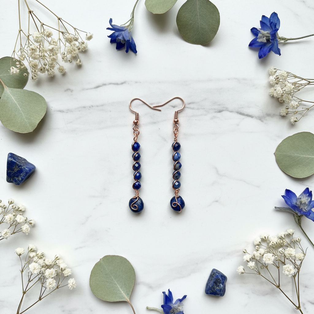 Copper stacked lapis lazuli earrings white marble flat lay