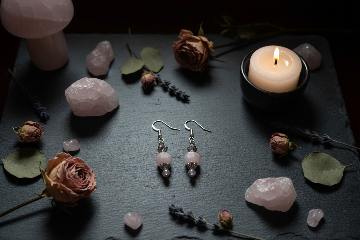 Moody altar flat lay of Madagascar Rose Quartz sterling silver earrings