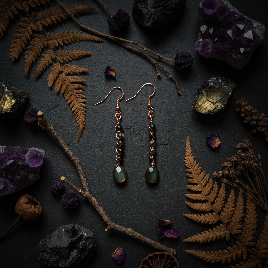 Copper stacked obsidian earrings moody altar flat lay