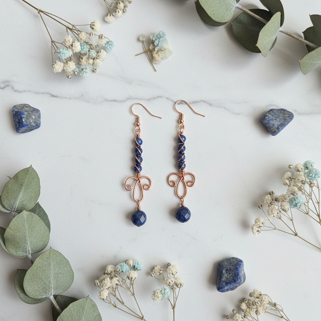 Lapis Lazuli earrings on white marble flat lay
