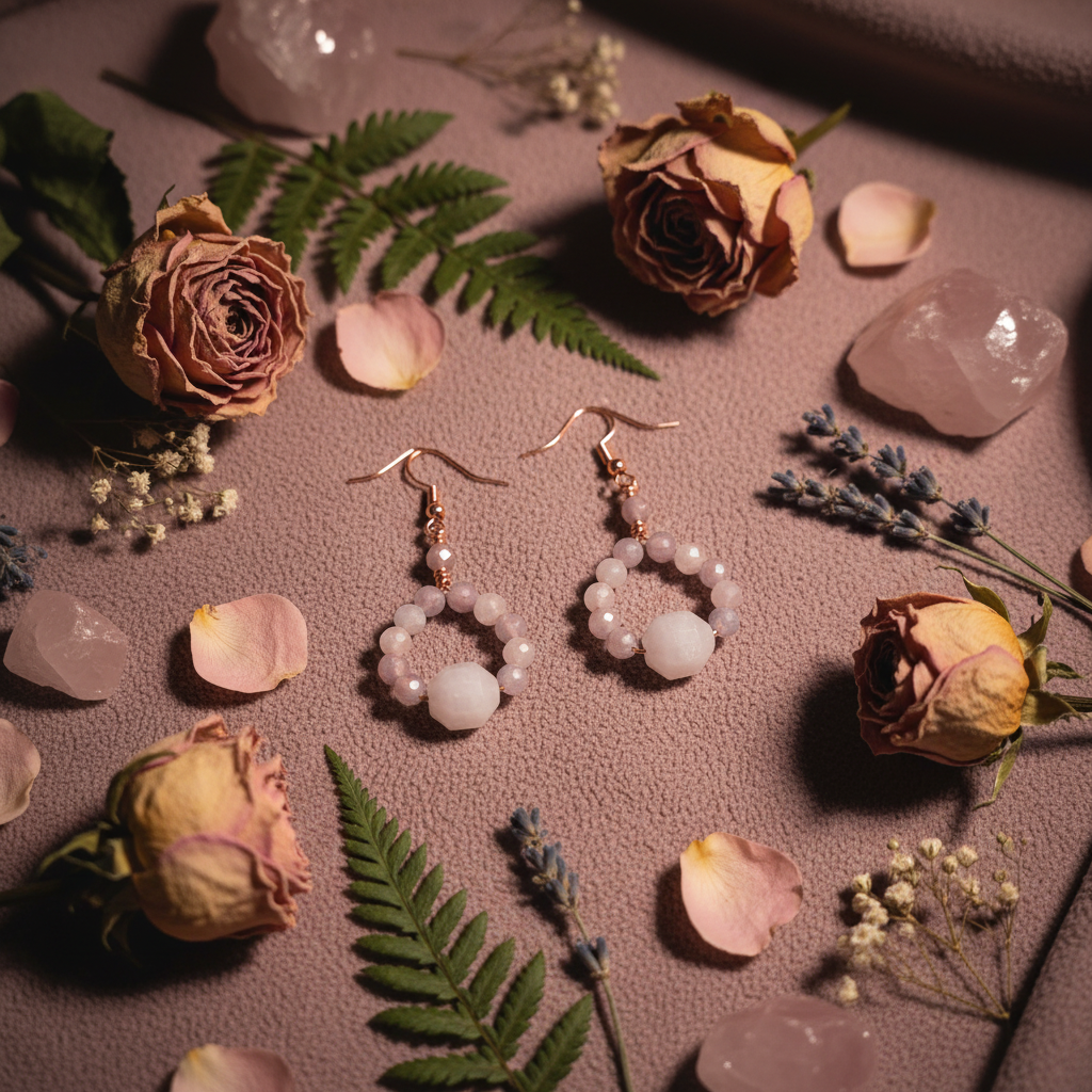 Madagascar Rose Quartz beaded hoop earrings moody romantic altar flat lay