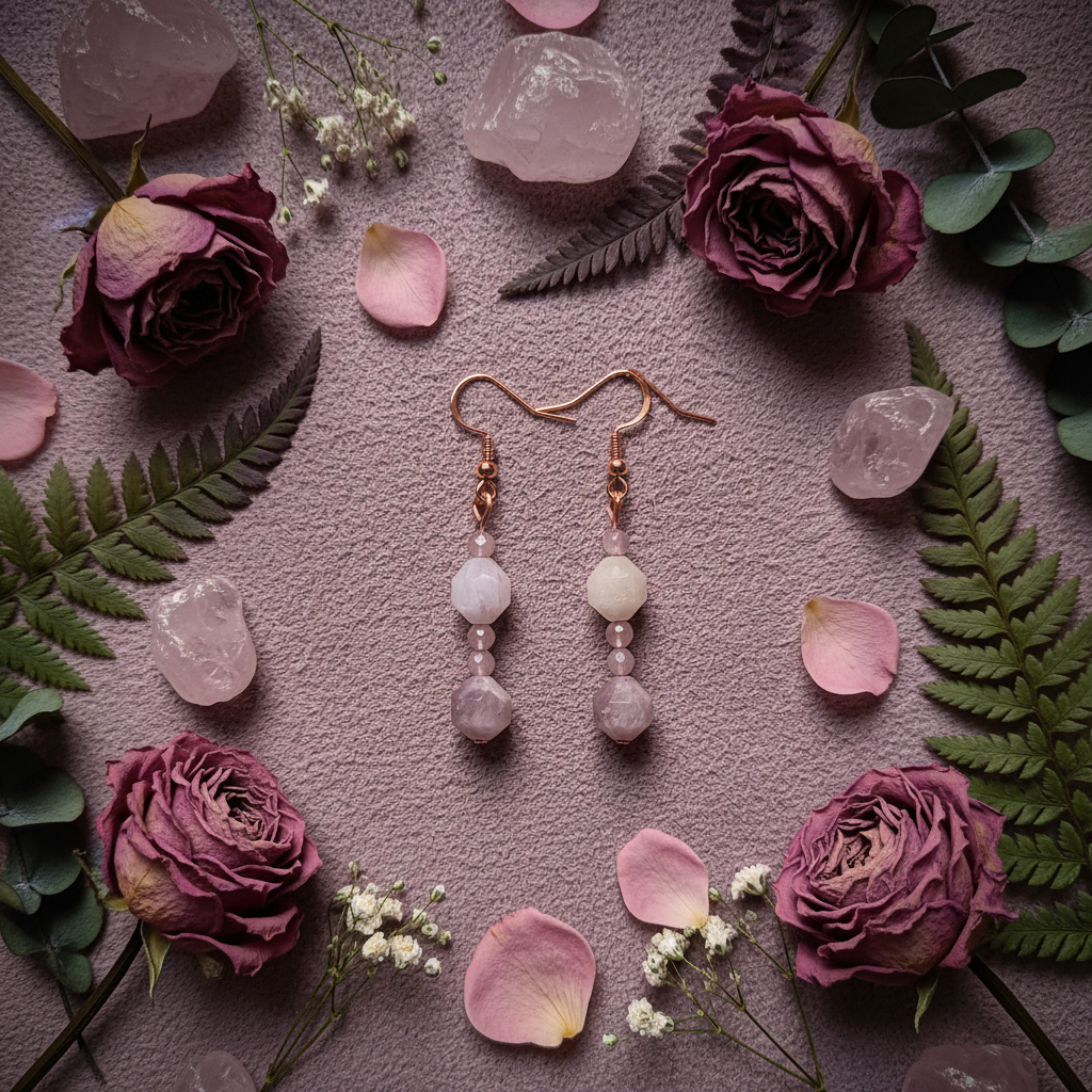 Madagascar Rose Quartz stacked linear earrings moody romantic altar flat lay