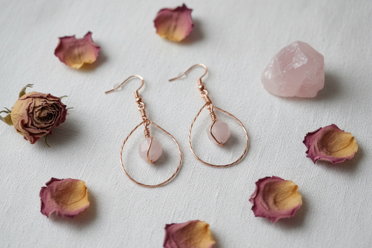Flat lay of Madagascar Rose Quartz copper teardrop earrings on white linen with dried rose petals