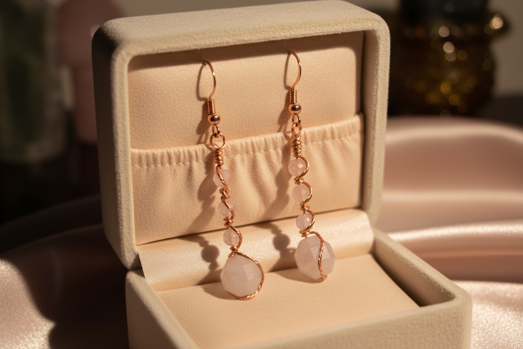 Madagascar Rose Quartz stacked copper wire earrings in cream velvet jewelry box