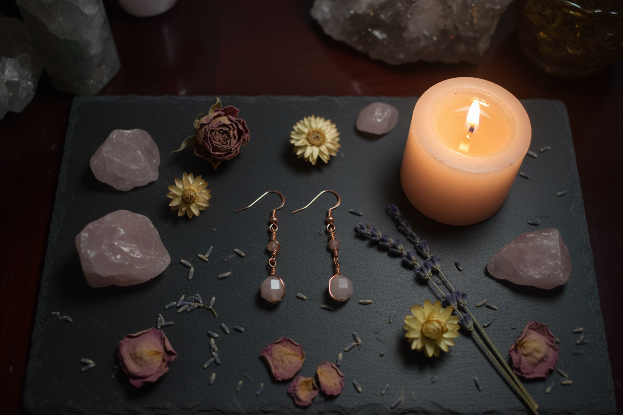 Moody altar flat lay of Madagascar Rose Quartz copper wire earrings with crystals and candlelight