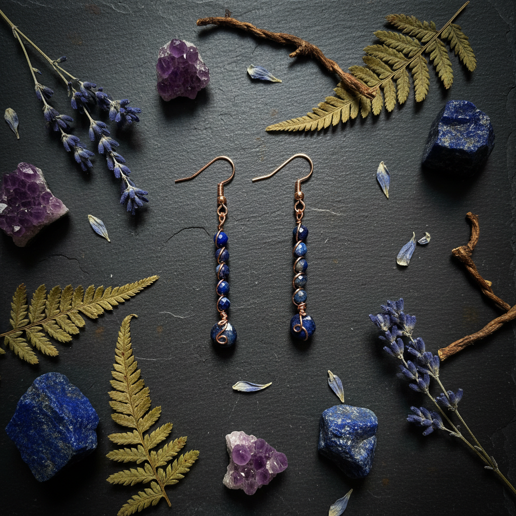 Copper stacked lapis lazuli earrings moody altar flat lay