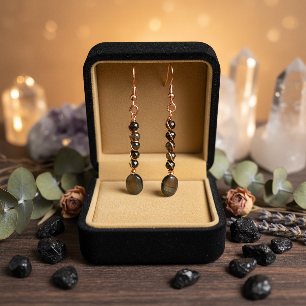 Copper stacked obsidian earrings in charcoal velvet jewelry box