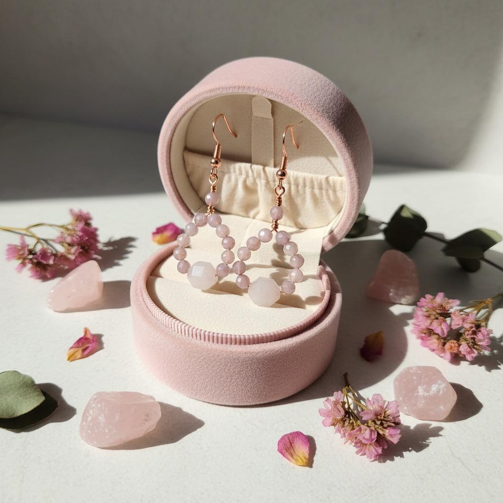 Madagascar Rose Quartz beaded hoop earrings in blush velvet jewelry box