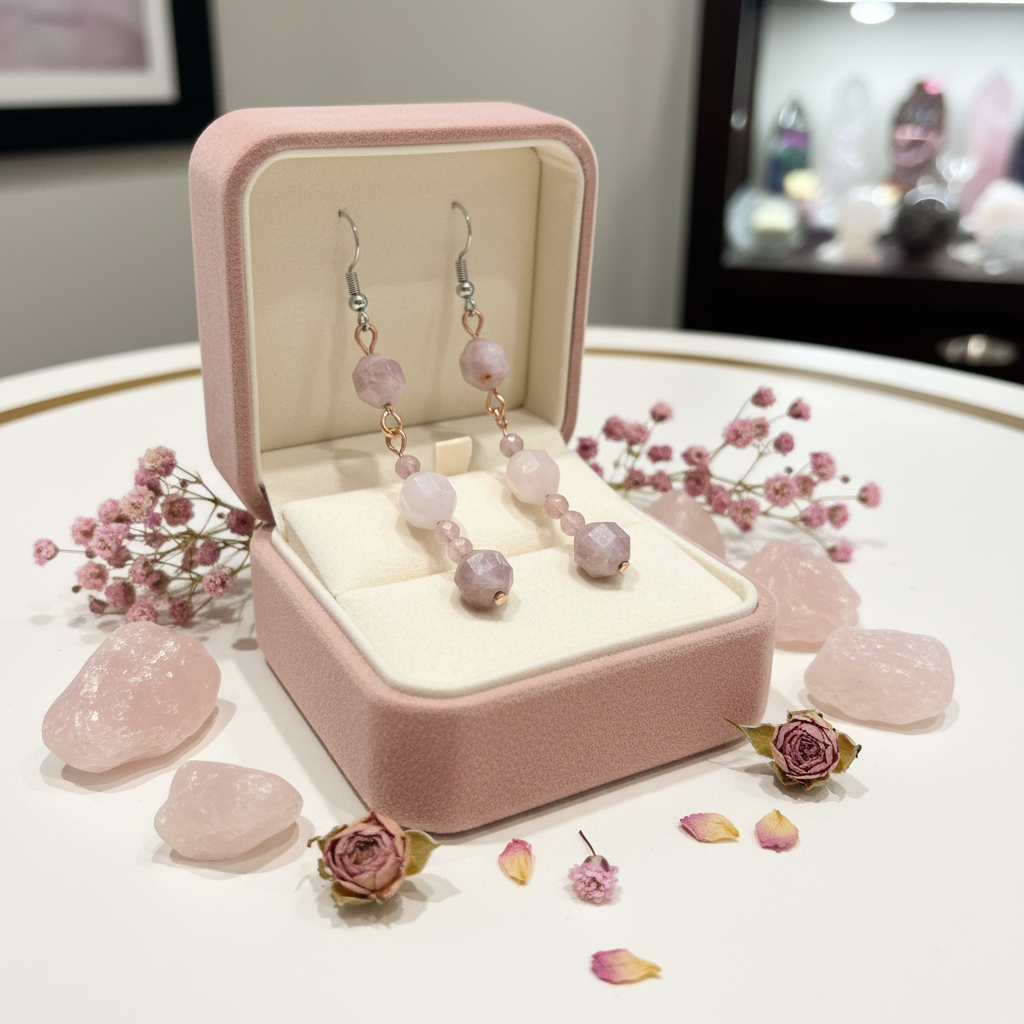 Madagascar Rose Quartz stacked linear earrings in blush velvet jewelry box