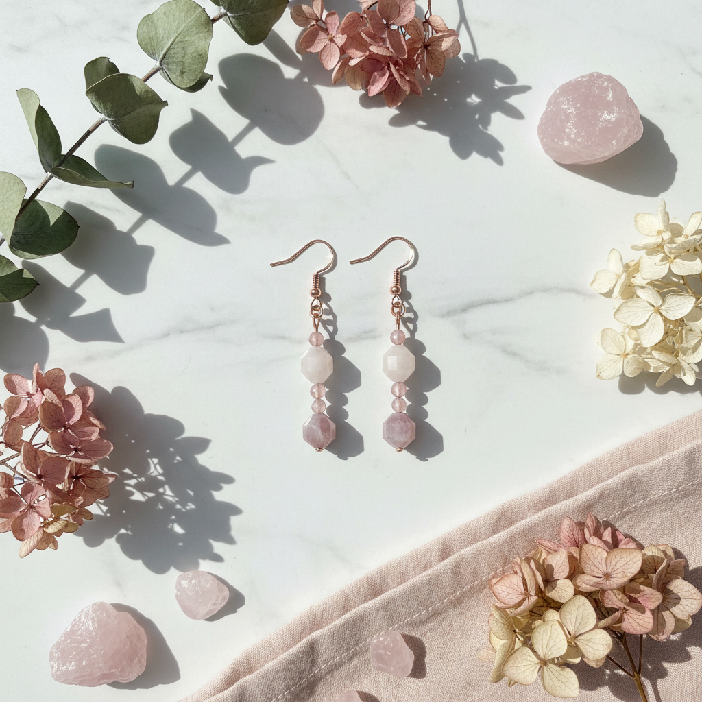 Madagascar Rose Quartz stacked linear earrings clean flat lay on white marble