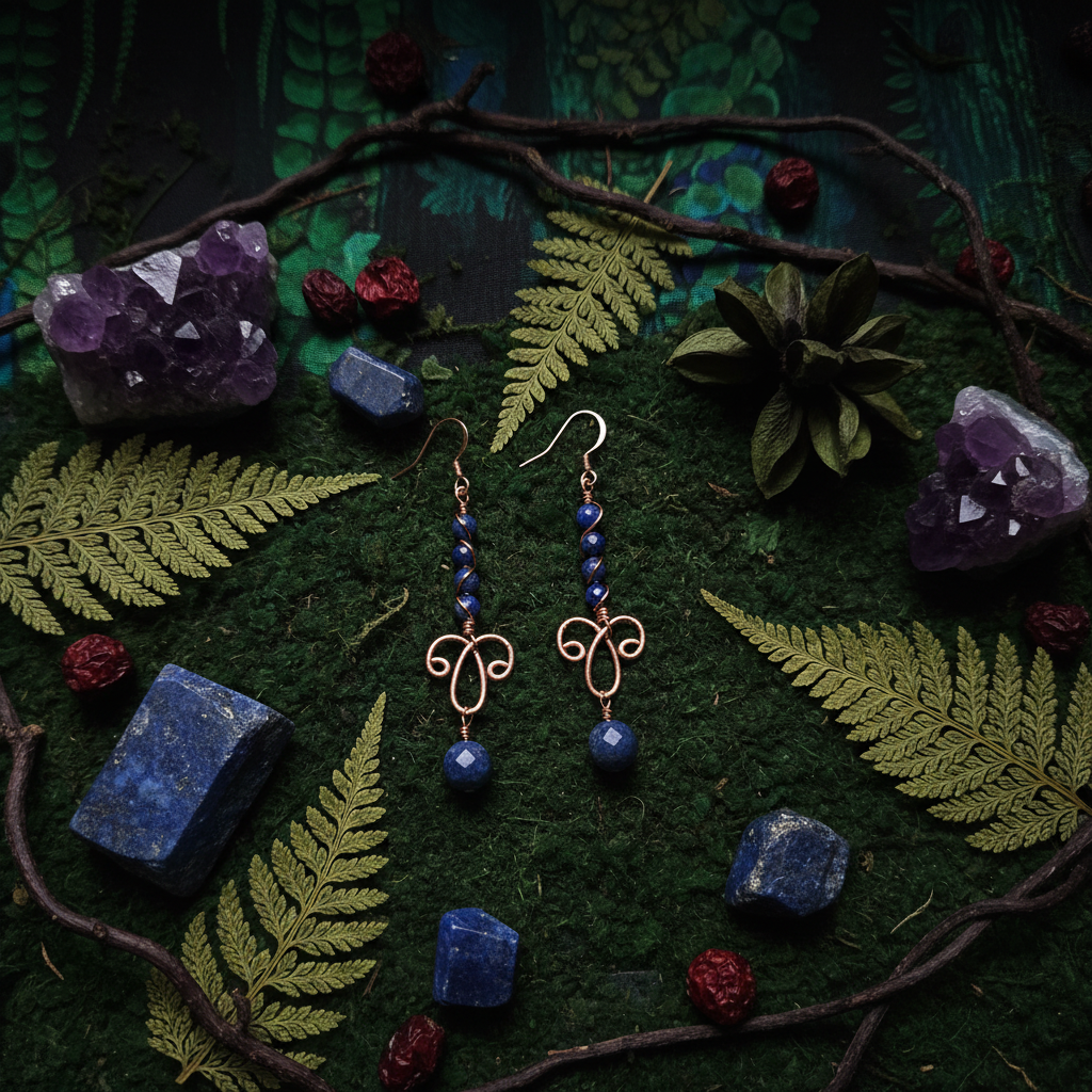 Lapis Lazuli earrings with moody forest background