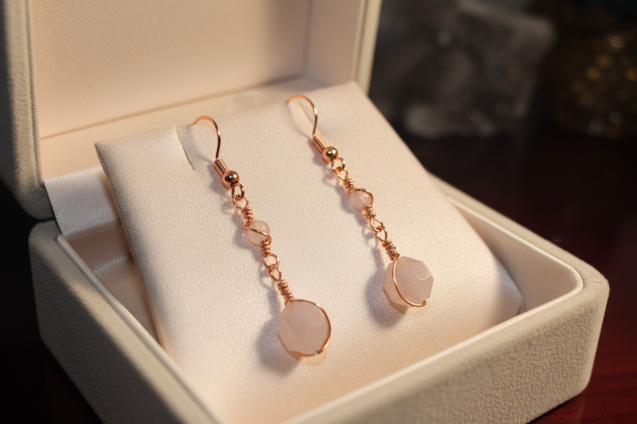 Madagascar Rose Quartz copper wire earrings in cream velvet jewelry box