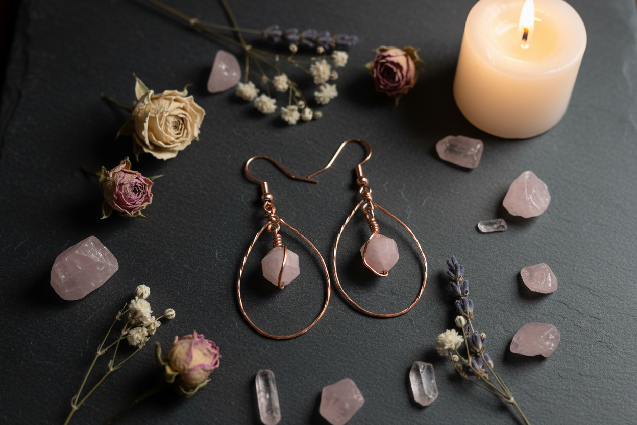 Moody altar flat lay of Madagascar Rose Quartz copper teardrop earrings with crystals and candlelight