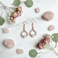 Madagascar Rose Quartz beaded hoop earrings clean flat lay on white marble