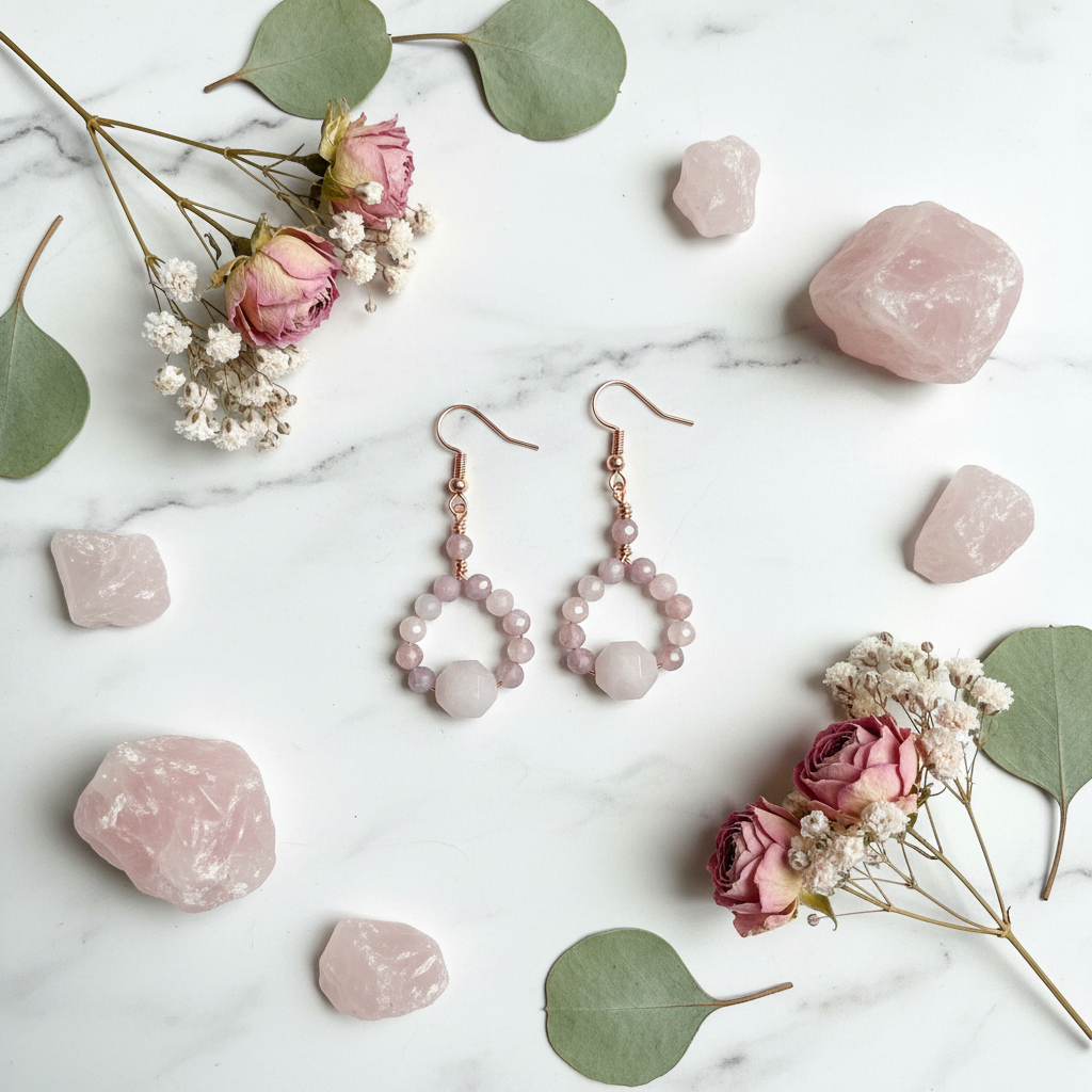 Madagascar Rose Quartz beaded hoop earrings clean flat lay on white marble