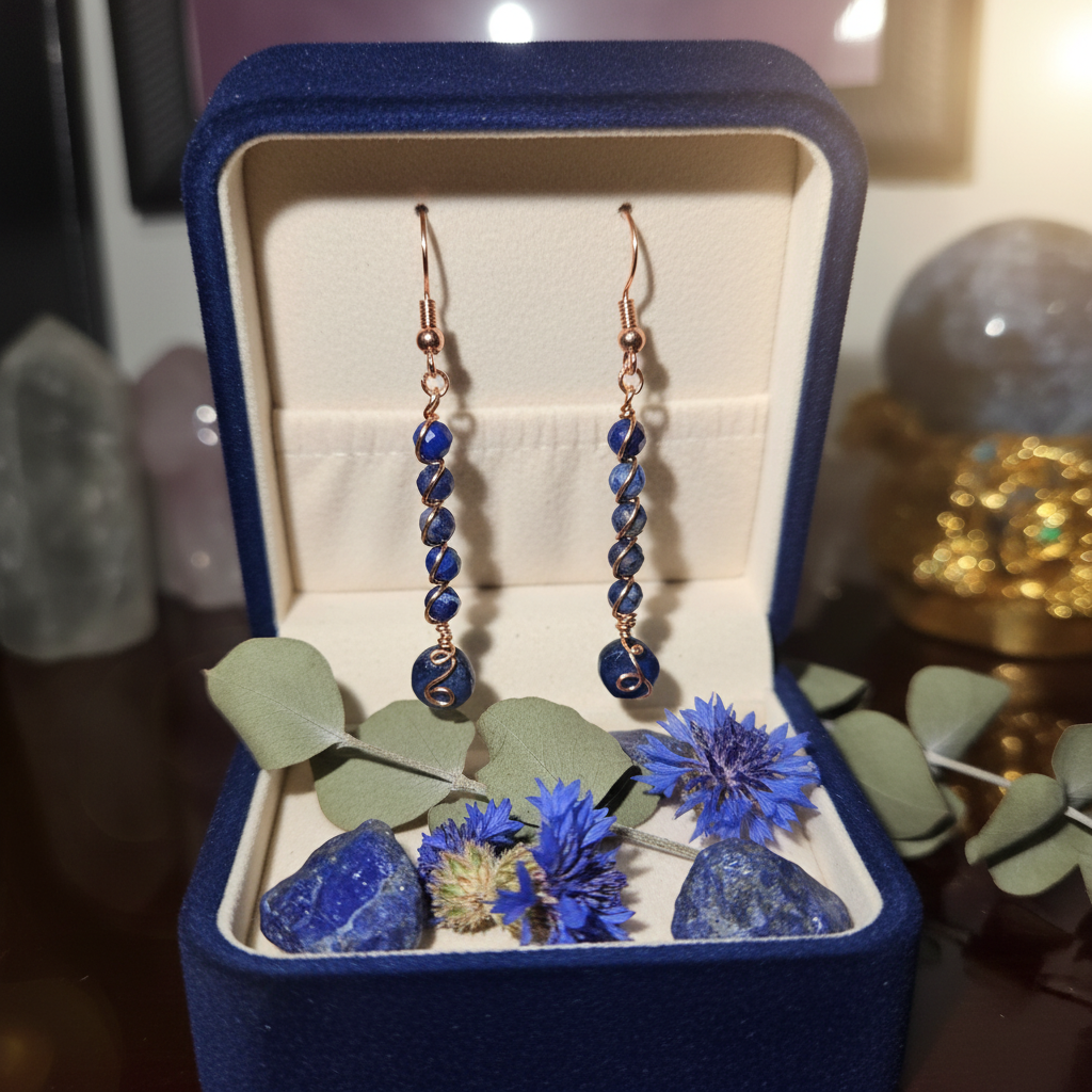 Copper stacked lapis lazuli earrings in navy velvet jewelry box