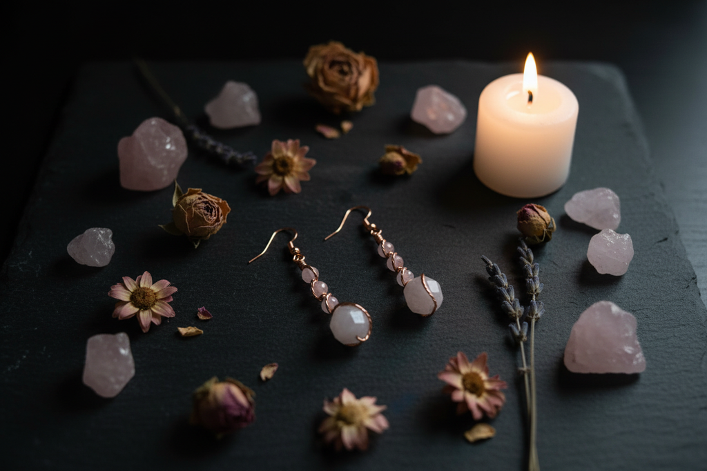 Moody altar flat lay of Madagascar Rose Quartz stacked copper wire earrings with crystals and candlelight