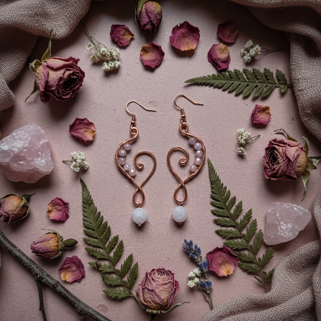 Copper heart rose quartz earrings moody romantic altar