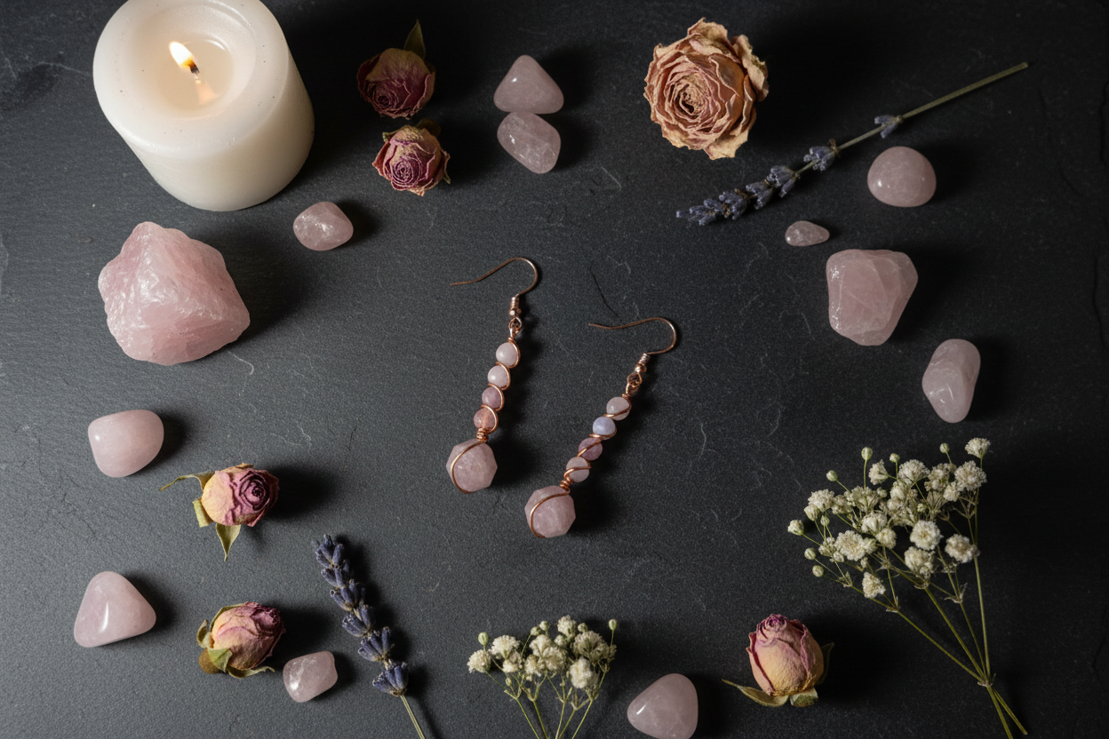 Moody altar flat lay of Madagascar Rose Quartz four bead stack copper wire earrings