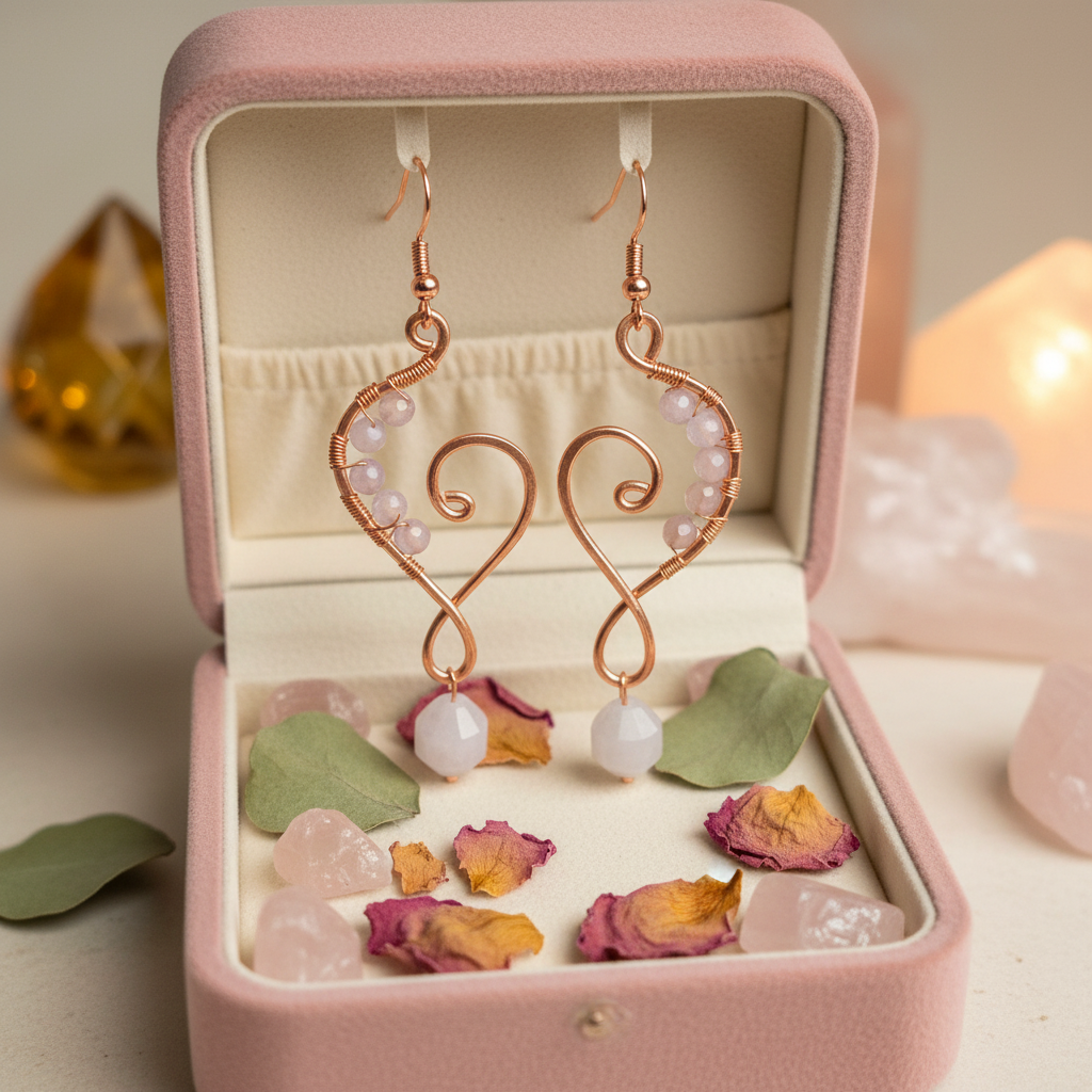 Copper heart rose quartz earrings in blush velvet jewelry box
