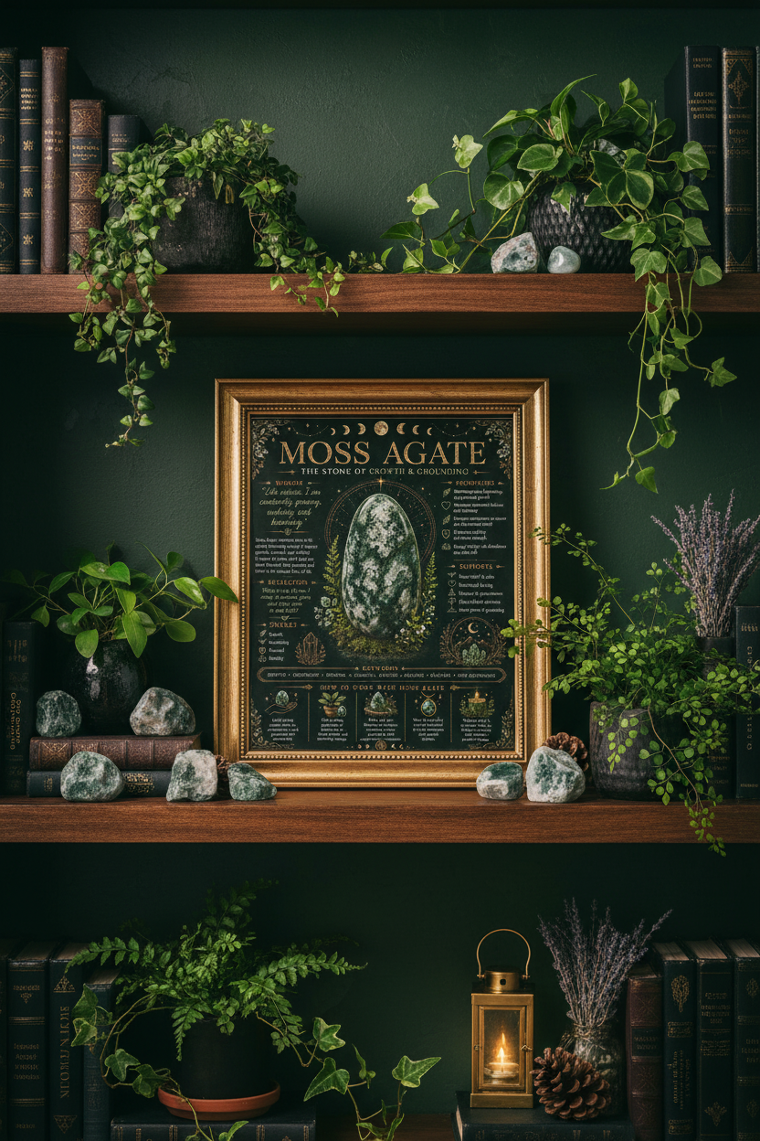Moss Agate Dark Print on Bookshelf