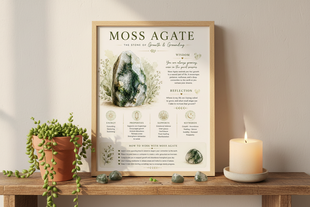 Moss Agate framed on shelf